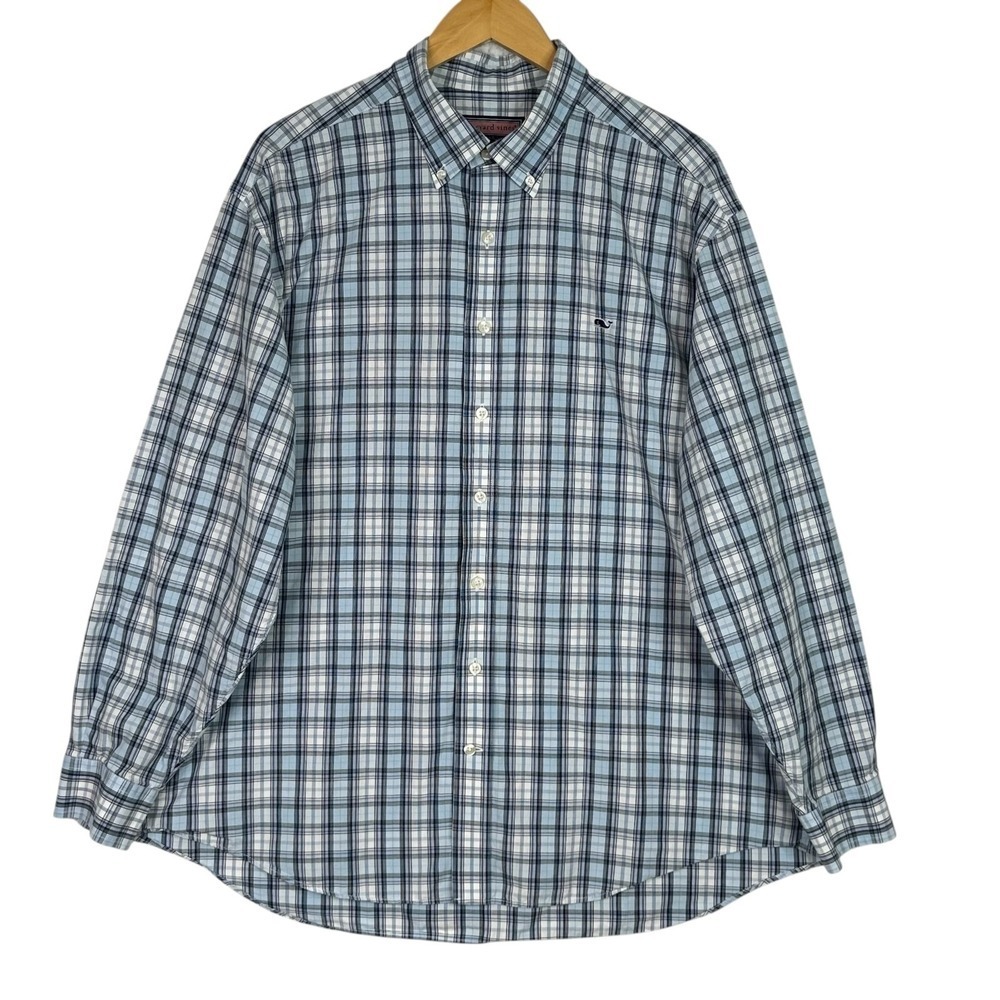 Vineyard Vines Men XL Whale Logo Button Down Shirt Blue Plaid Cotton Classic Fit